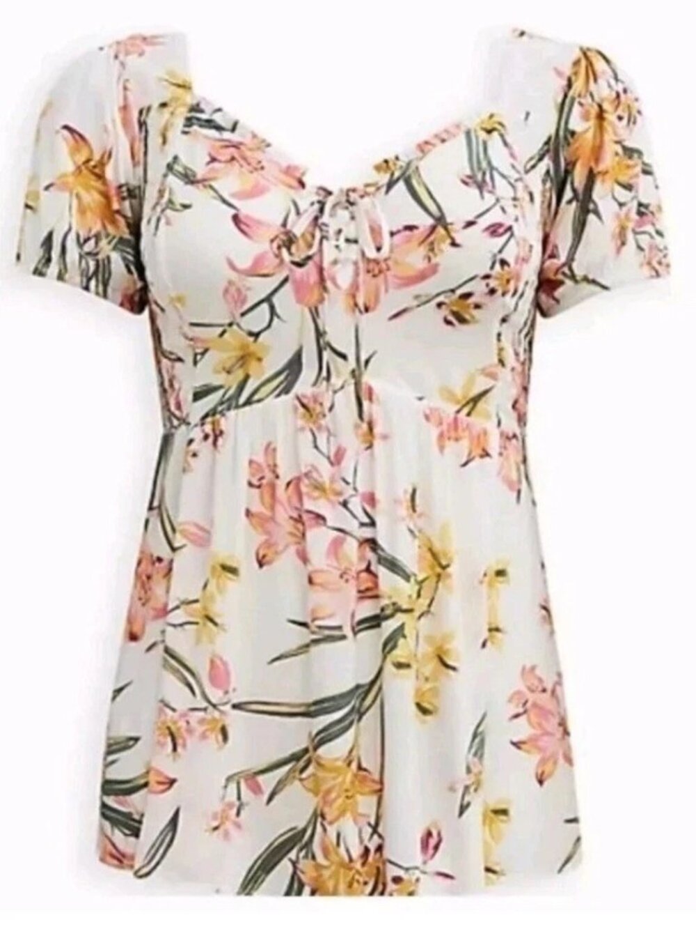 Torrid Floral Print Crinkle Babydoll Top Sz 0 M/L 10 Smocked Back Boho